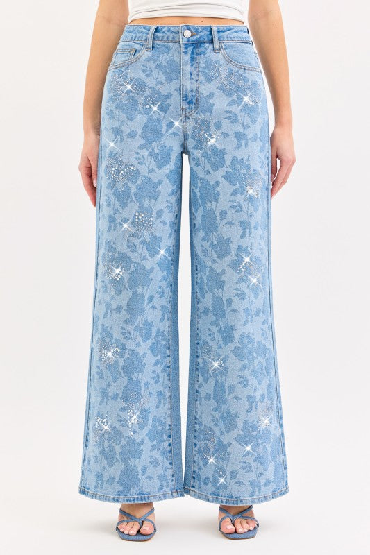 HIGH RKSE FLORAL WIDE LEG WITH RHINESTONE