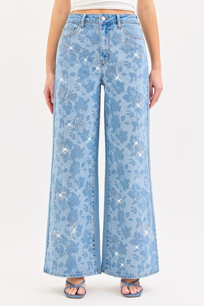 HIGH RKSE FLORAL WIDE LEG WITH RHINESTONE