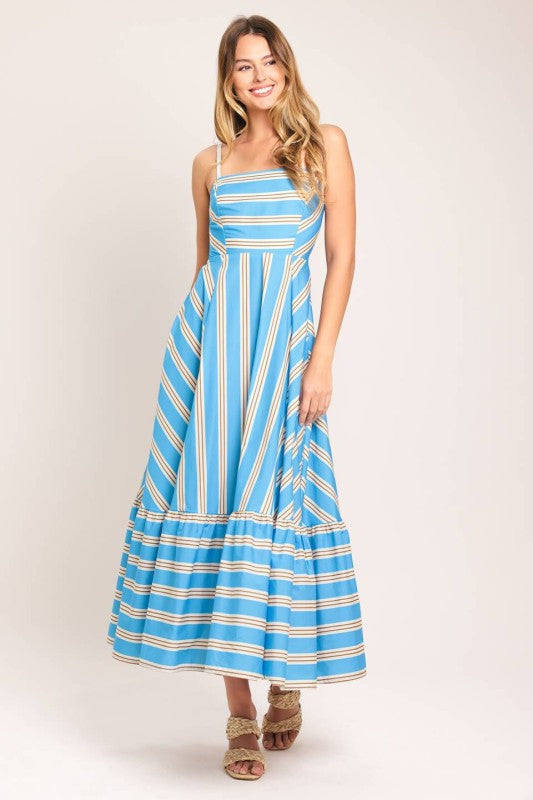 PRINTED WOVEN MIDI SUMMER DRESS WITH STRIPS
