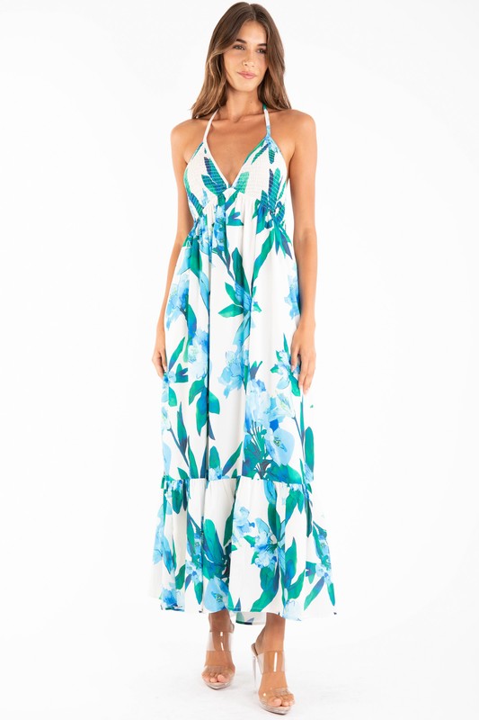 FLOWER PRINT HALTER NECK OPEN BACK TIE MIDI DRESS