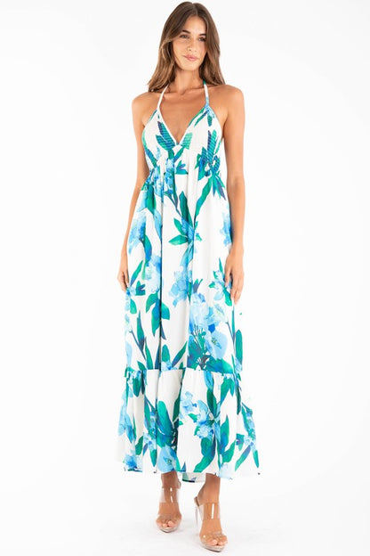 FLOWER PRINT HALTER NECK OPEN BACK TIE MIDI DRESS