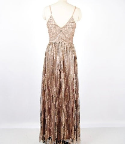 DEEP V NECK SPAGHETTI STRAP SEQUINED MAXI COCKTAIL DRESS