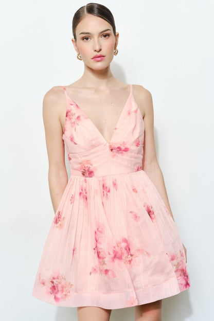 FLORAL ORGANZA V-NECK PRINTED MINI PARTY DRESS