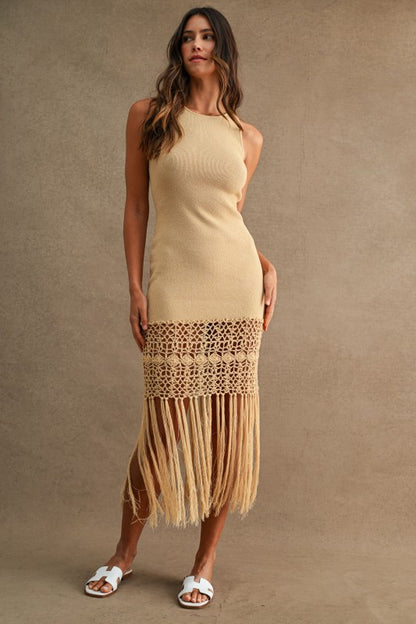 CROCHET FRINGE HEM KNIT MIDI DRESS