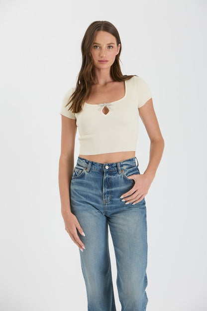 RHINESTONE BOW KEYHOLE SWEATER KNIT CROP TOP