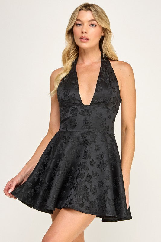 JACQUARD HALTER NECK MINI PARTY DRESS