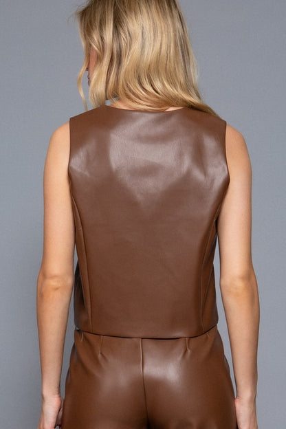 V NECK FAUX LEATHER VEST AND PANTS SET