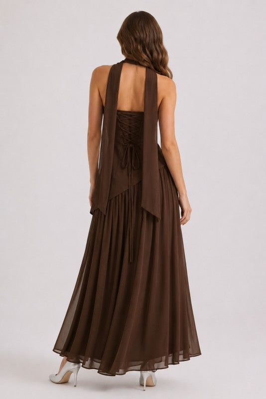 STRAPLESS LACE UP CORSET GATHERED MAXI DRESS WITH SCARF