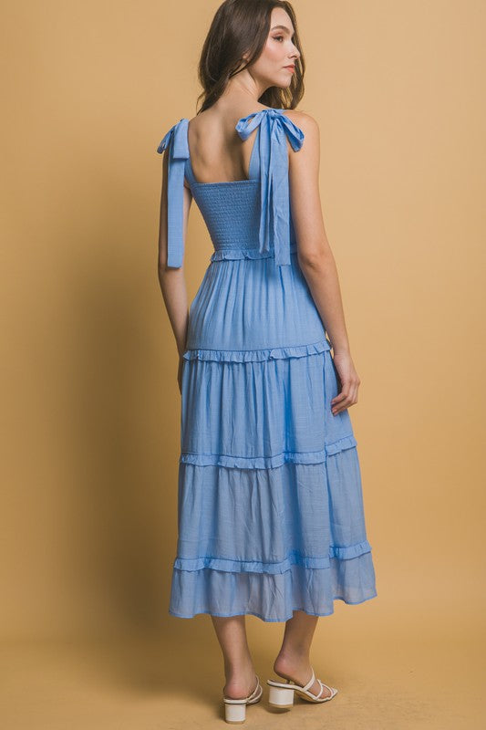 BOW STRAP TIERED MIDI DRESS