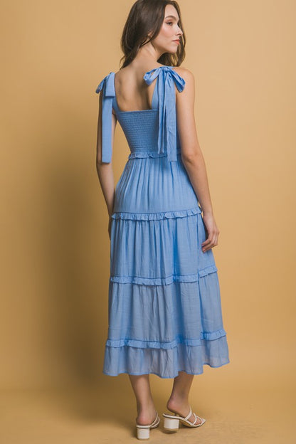 BOW STRAP TIERED MIDI DRESS