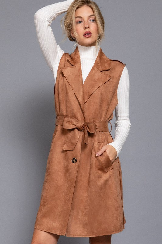 NOTCHED COLLAR BELTED FAUX SUEDE VEST