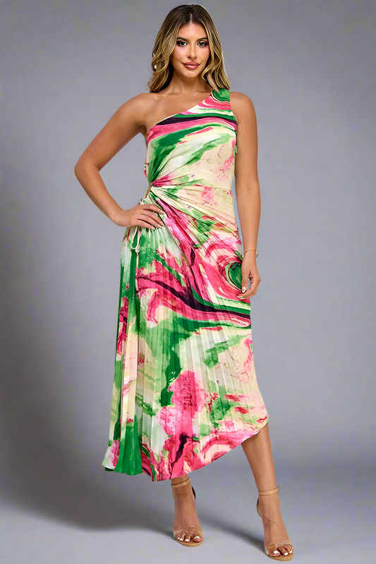 PRINTED ONE SHOULDER PLEATED ASYMMETRICAL DRESS