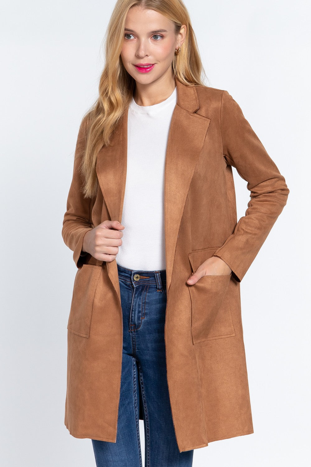 Long Sleeve Open Front Faux Suede Jacket