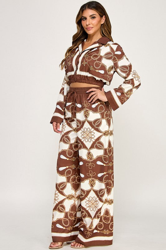 PRINT LONG SLEEVE TOP WITH WIDE LEG PANTS SET