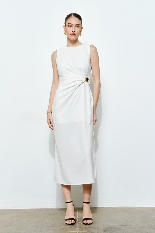 SLEEVELESS DRAPED GOLD ACCENT MIDI DRESS