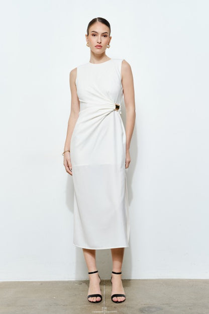 SLEEVELESS DRAPED GOLD ACCENT MIDI DRESS