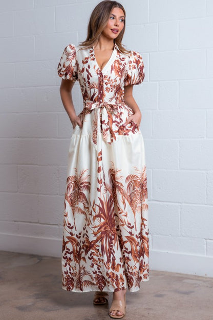 LEAF PRINT TIERED MAXI DRESS