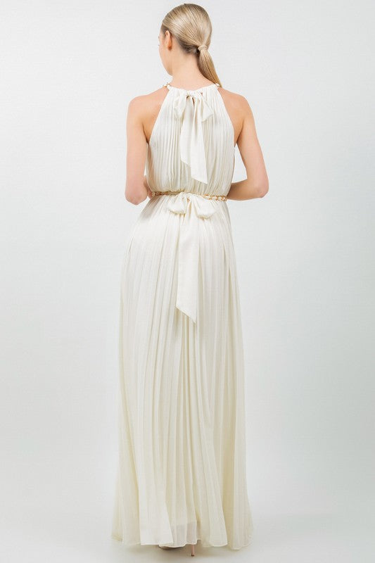 SOLID SLEEVELESS CHAIN HALTER NECK W CHAIN BELT PLEATED MAXI DRESS