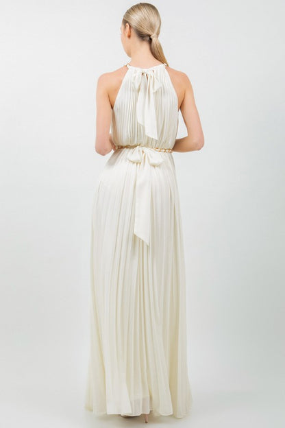 SOLID SLEEVELESS CHAIN HALTER NECK W CHAIN BELT PLEATED MAXI DRESS