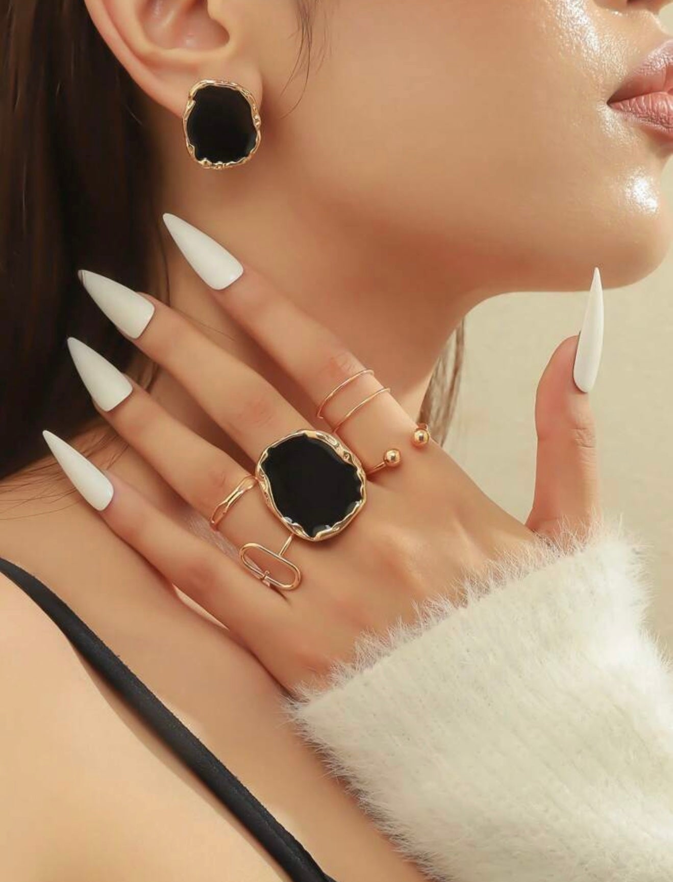 7pcs Black Volcanic Rock Earrings & Earrings Jewelry Set