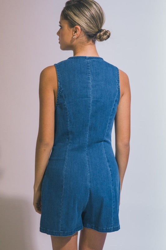 V NECK BUTTON DOWN DENIM ROMPER