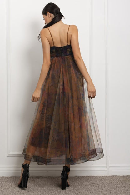 SPAGHETTI SHOULDER CORSET TULLE MAXI PARTY DRESS