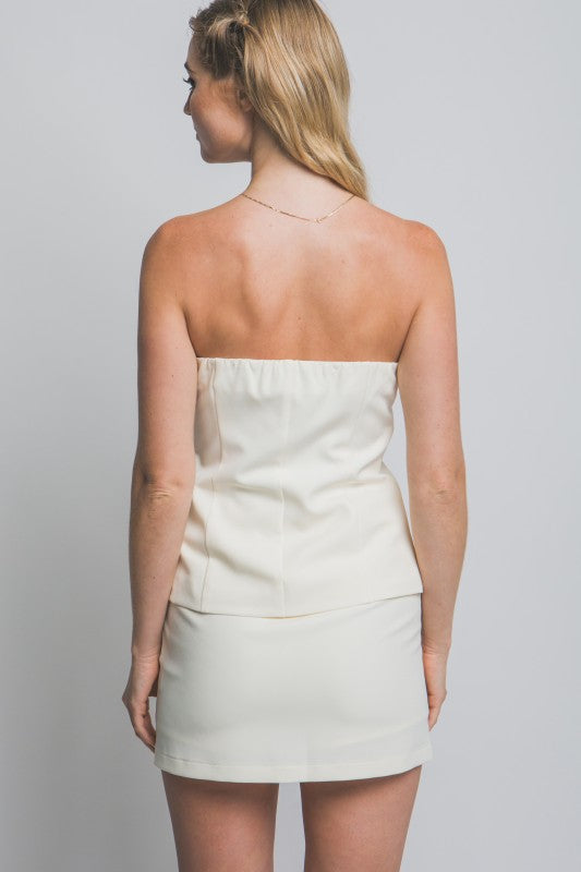 STRAPLESS GOLDEN BUTTON TOP AND MINI SKIRT SET