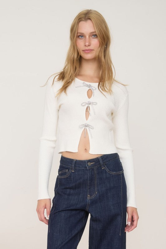 FRONT JEWELED BOW CUT OUT DETAIL KNIT CARDIGAN