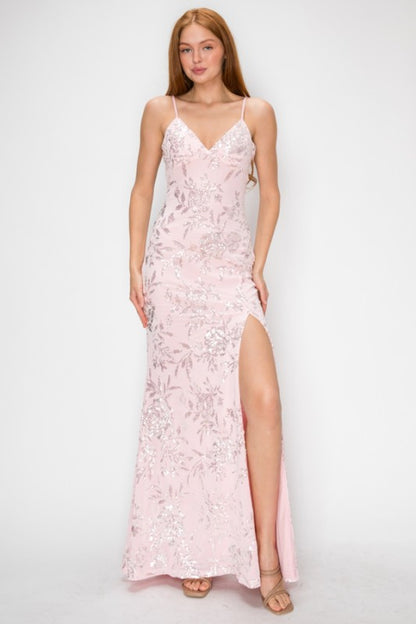 FLORAL SEQUIN MERMAID MAXI COCKTAIL DRESS