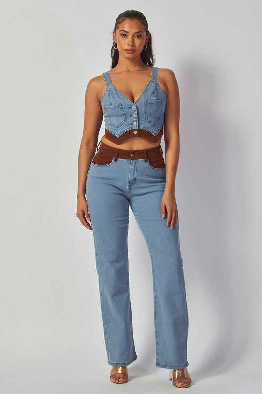 AISILINN SEUEDE CONTRAST DENIM TOP & PANTS SET
