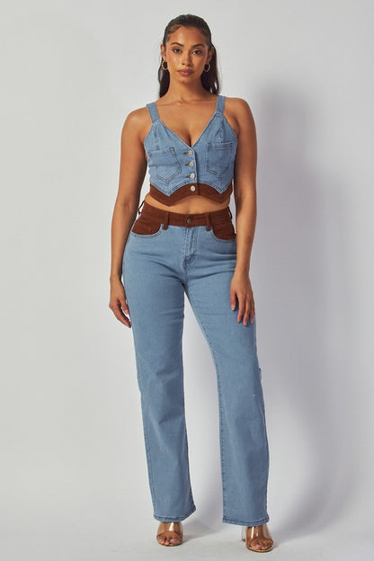 AISILINN SEUEDE CONTRAST DENIM TOP & PANTS SET