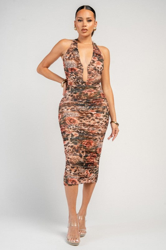 U WIRE INSERT HALTER MIDI DRESS