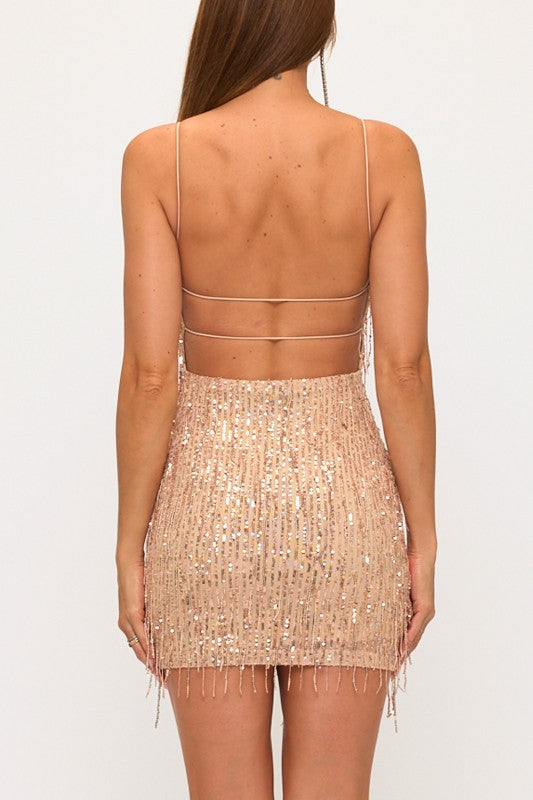 FRINGE SEQUIN DOUBLE STRAP MINI PARTY DRESS