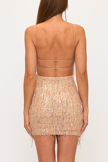 FRINGE SEQUIN DOUBLE STRAP MINI PARTY DRESS