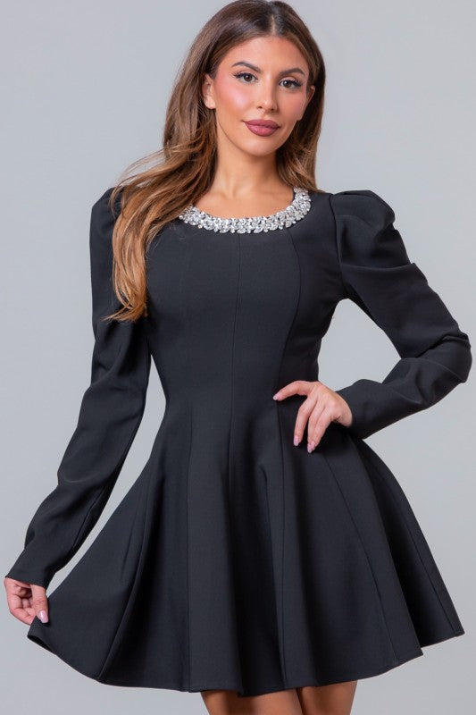 JEWELED ROUND NECK MINI DRESS