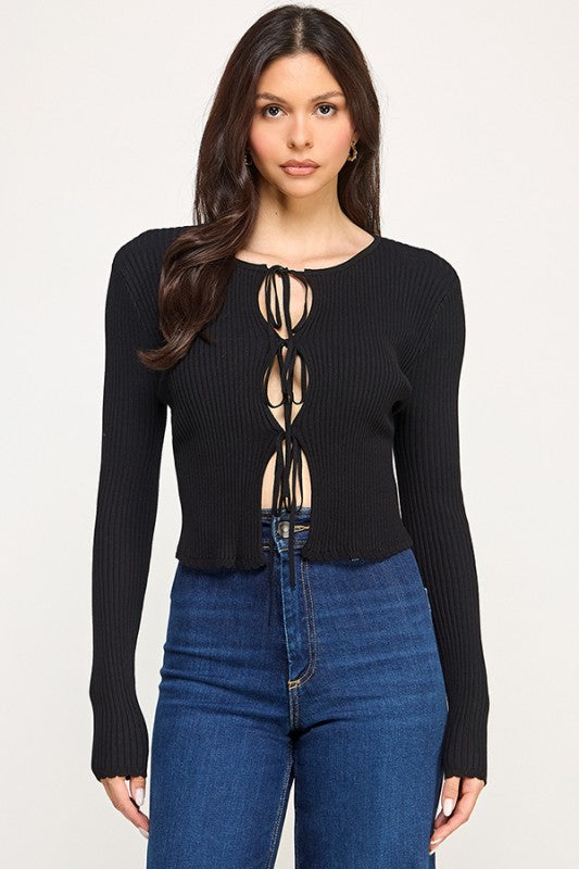 LONG SLEEVE SWEATER CROP TOP WITH TRIPLE FRONT TIES