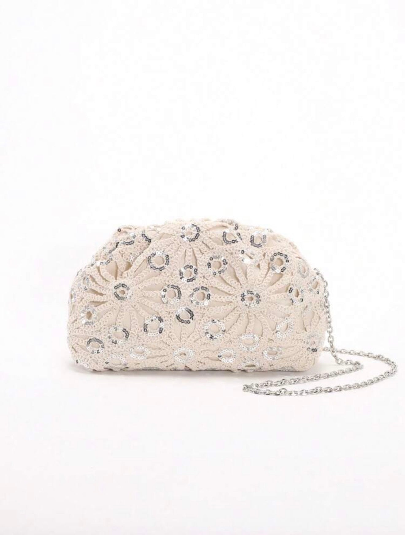 PVC SEQUINS PLEATED CLOUD MESH EMBROIDERED CLUTCH BAG