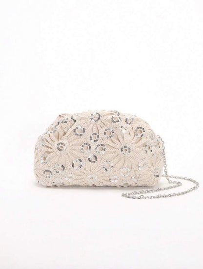 PVC SEQUINS PLEATED CLOUD MESH EMBROIDERED CLUTCH BAG