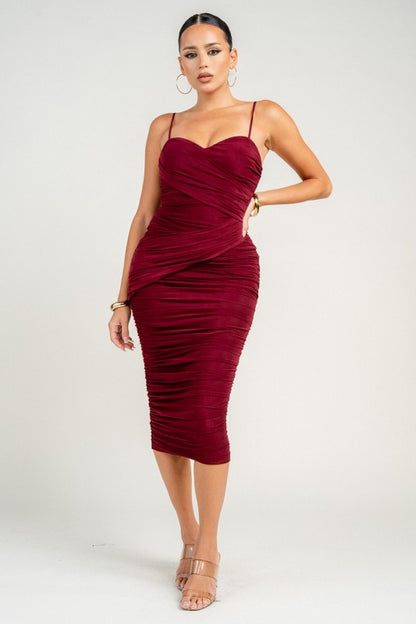 SWEETHEART RUCHED BODYCON MIDI PARTY DRESS