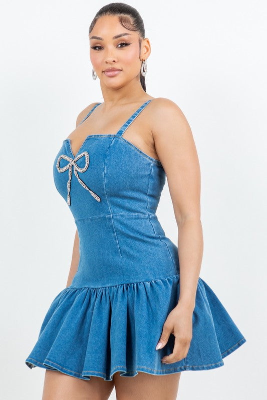 RHINESTONE BOW DENIM MINI DRESS