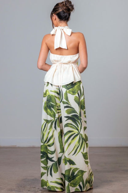 PRINTED HALTER NECK TOP WIDE LEG PANTS SET