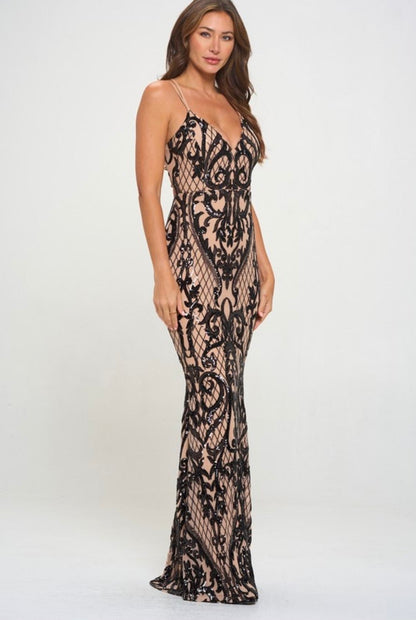 SEQUIN BACK LACE UP MERMAID MAXI COCKTAIL DRESS