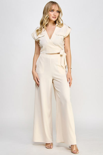 SURPLICE TOP WITH TIE AND PANTS SET