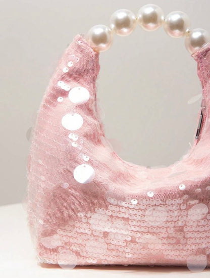 SEQUIN PARTY CLUTCH BAG WITH PEARL TOP HANDLE