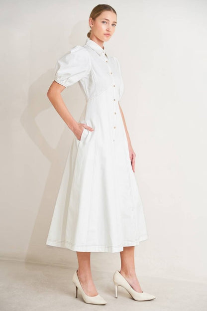 SOLID WOVEN SHORT BUFF SLEEVES MIDI DRESS