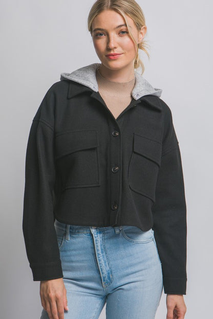 CROPPED FLEECE SHACKET WITH REMOVABLE HOOD