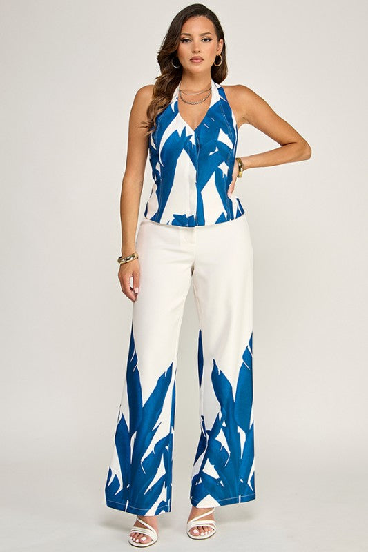 PRINTED HALTER ZIP UP VEST WITH HIGH WAIST PANTS SET