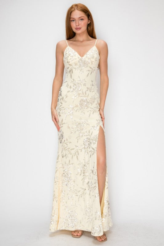 FLORAL SEQUIN MERMAID MAXI COCKTAIL DRESS