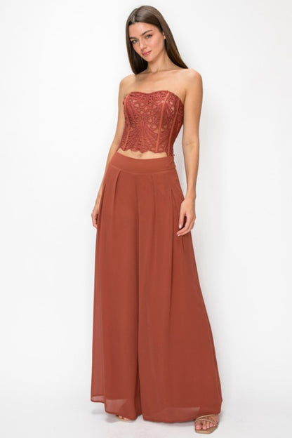 CROCHET CROP TOP WITH CHIFFON WIDE LEG PANTS SET