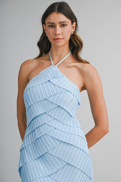 PLEATED HALTER LAYERED DIAGONAL RUFFLE MIDI DRESS